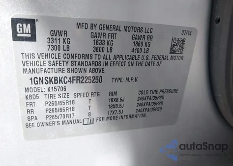 2015 Chevrolet Tahoe Lt из США, поврежденный, VIN 1GNSKBKC4FR225250